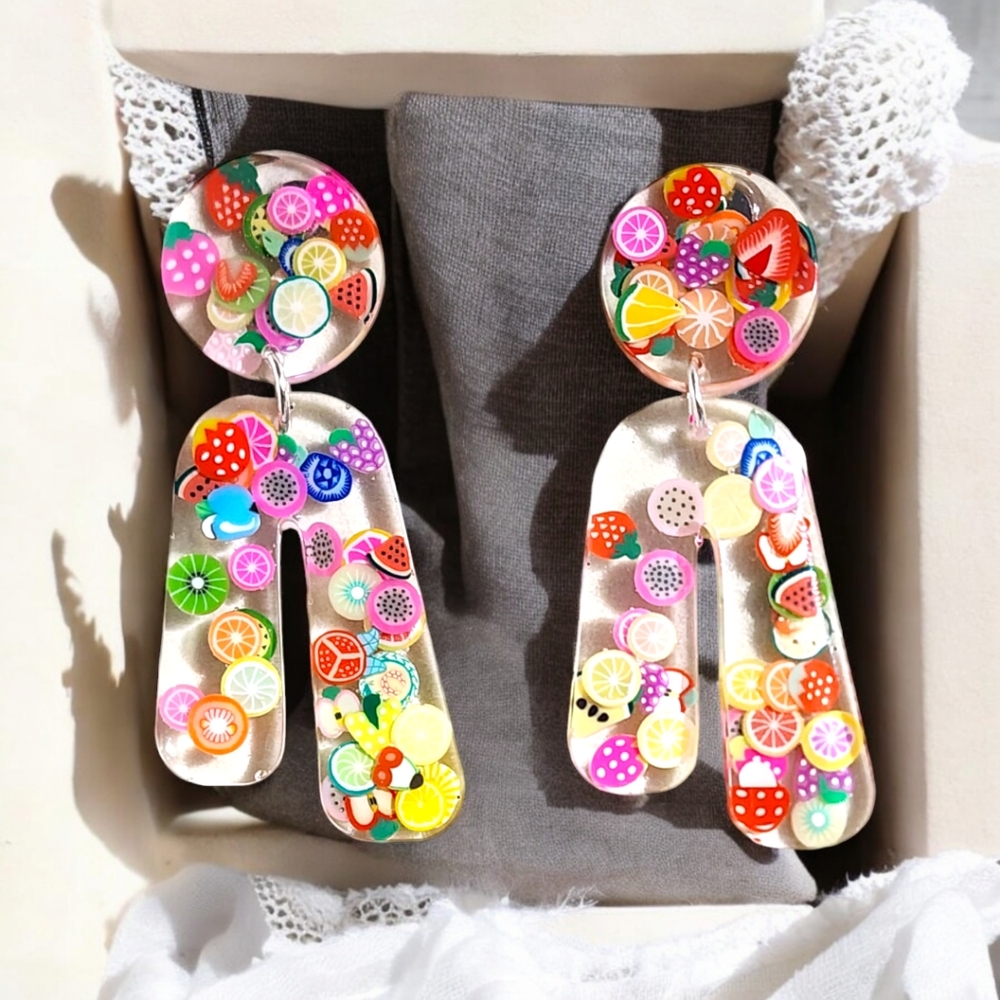 Handcrafted Resin Earrings/ Polymer Clay Fruit Design
